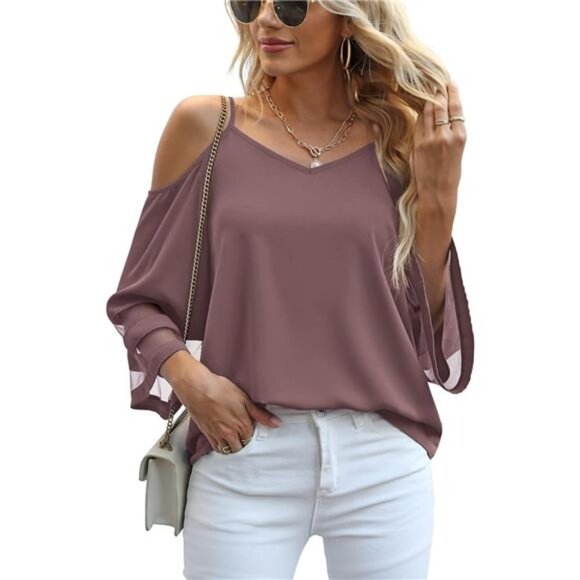 Mauve Purple Mesh Panel 3/4 Bell Sleeve Off Shoulder Flowy Top Blouse Loose Top - Picture 3 of 5